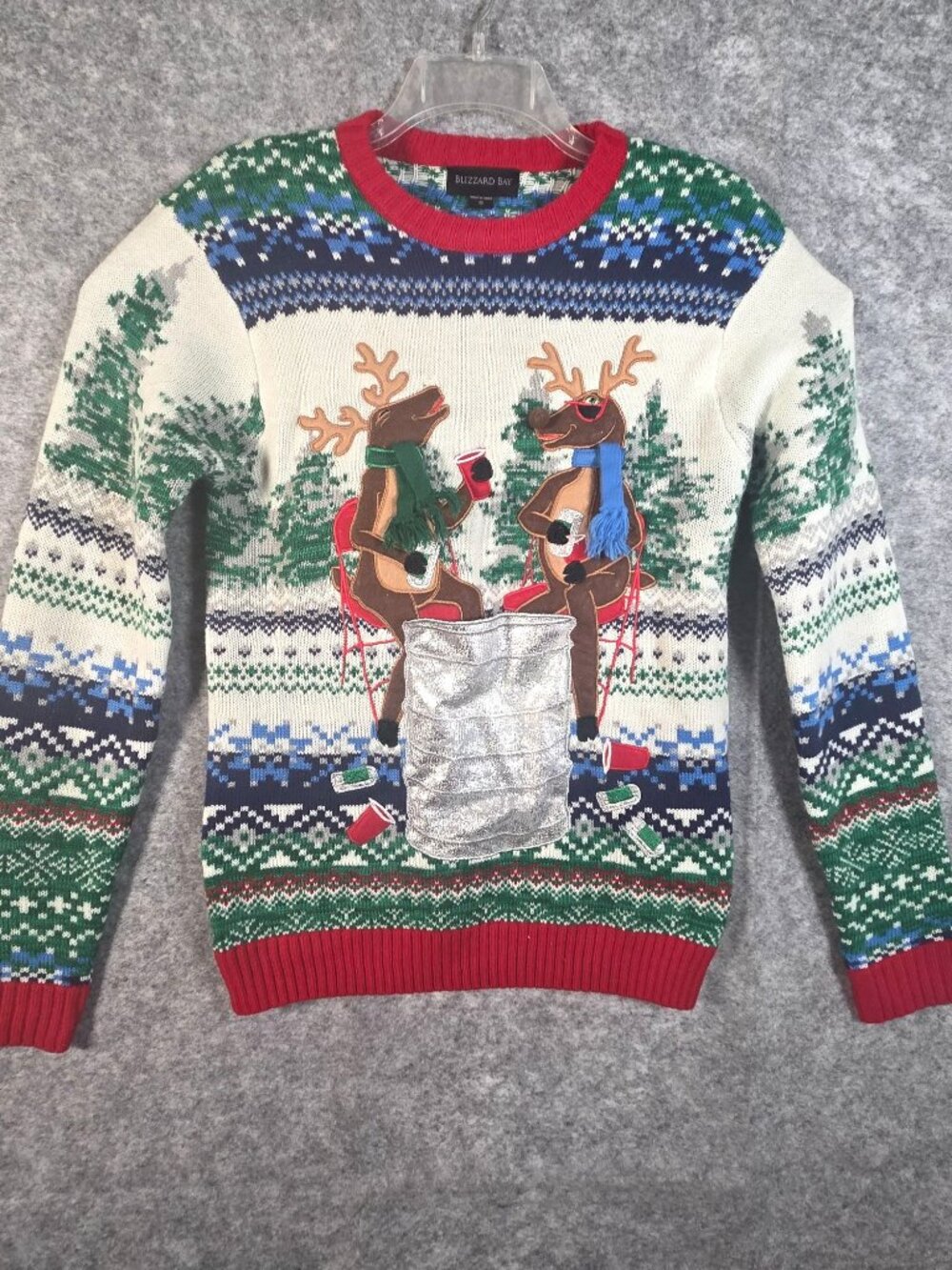 Blizzard Bay Ugly Christmas Sweater L Reindeer Beer Holder Y2K Novelty Holiday
